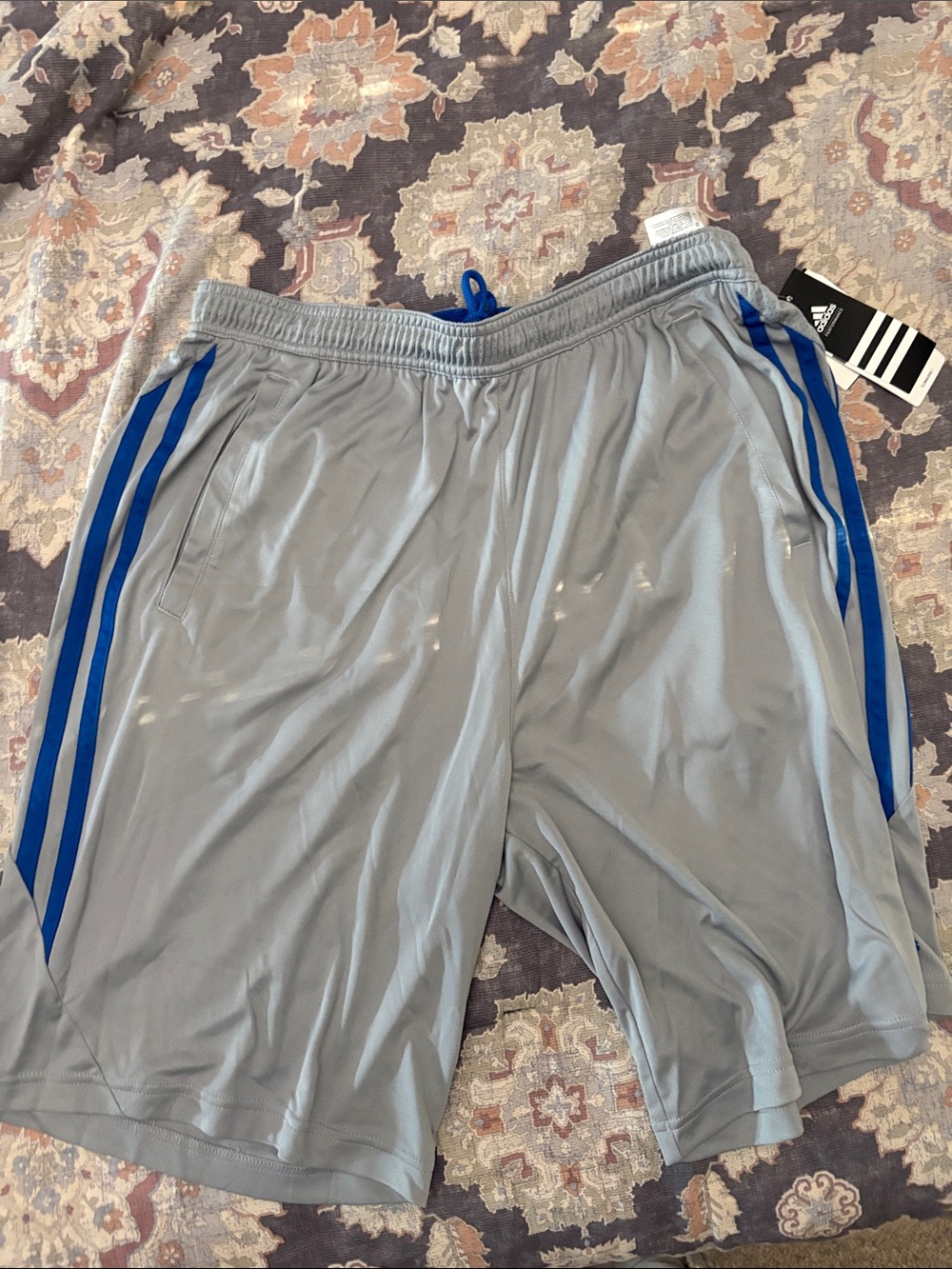 adidas Light Gray Athletic Shorts with Blue Side Stripes